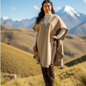 Peruvian 100% Authentic Alpaca Wool Cape Ruana Wrap Poncho One Size Camel Tan